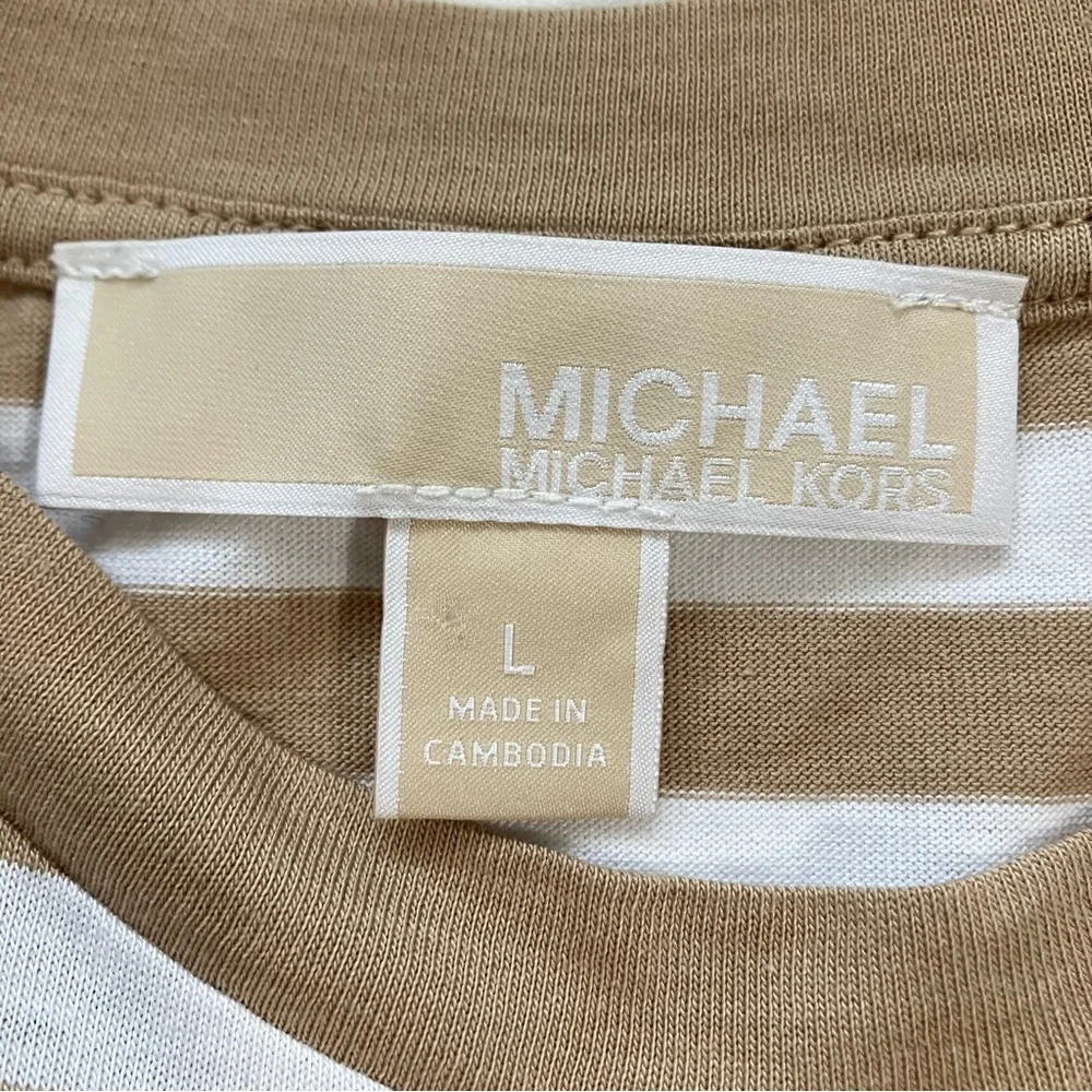 Michael Kors Tand and White Striped Tshirt Size Large - Picture 4 of 7